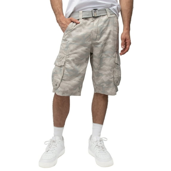 RAW X Mens Belted 12.5" Inseam Knee Length Cargo Shorts, Sand Camo, 36