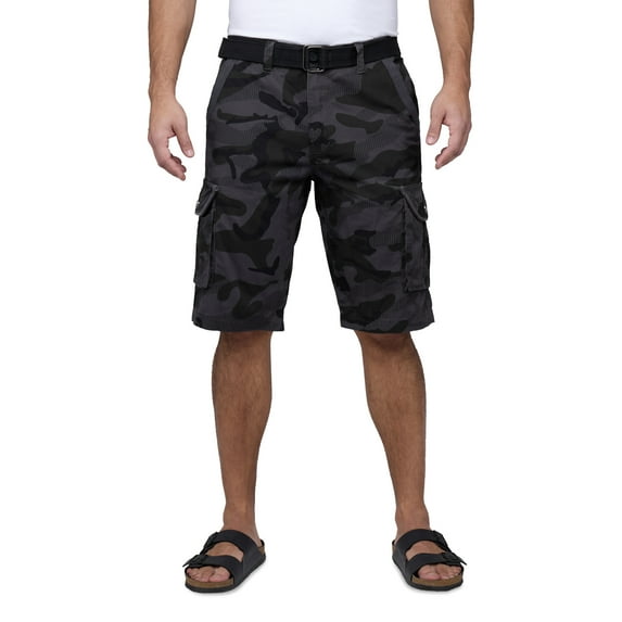 RAW X Mens Belted 12.5" Inseam Knee Length Cargo Shorts, Charcoal Camo, 46
