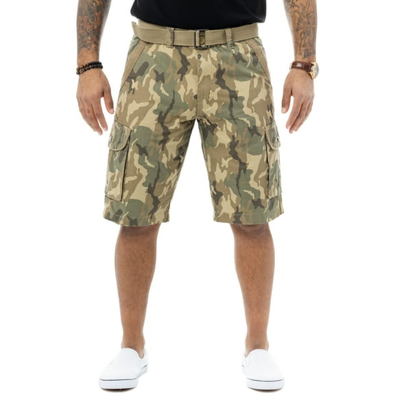 RAW X Mens Belted 12.5" Inseam Knee Length Cargo Shorts, Desert Camo, 40