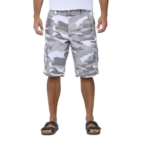 RAW X Mens Belted 12.5" Inseam Knee Length Cargo Shorts, White Camo, 46