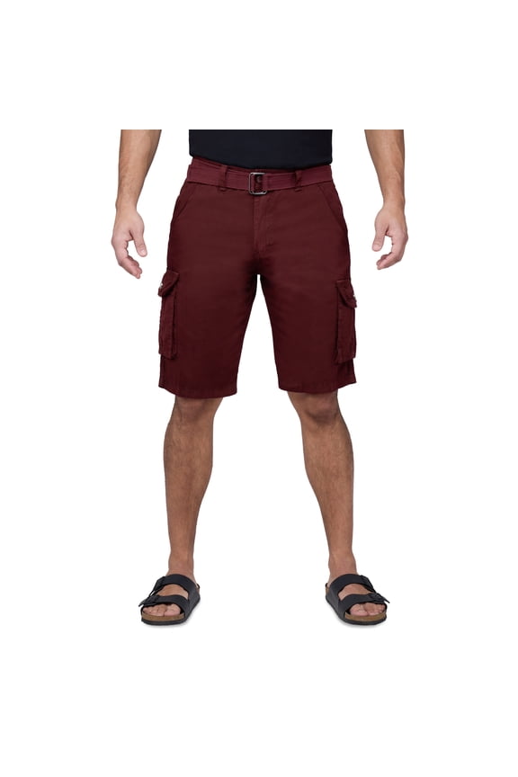 Mens Belted 12.5" Inseam Knee Length Cargo Shorts, Wine, 34