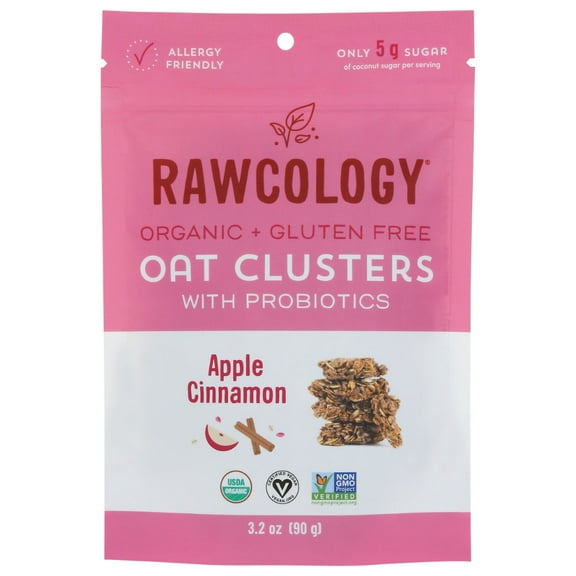 RAWCOLOGY - Organic Oat Clusters with Probiotics Apple Cinnamon 3.2OZ ( Pack of 6)