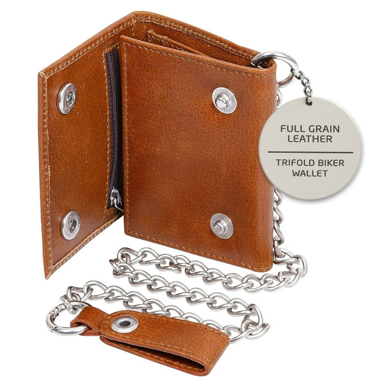 Brown Leather Men's Trifold Small Biker Wallet Chain Wallets Badass Wa