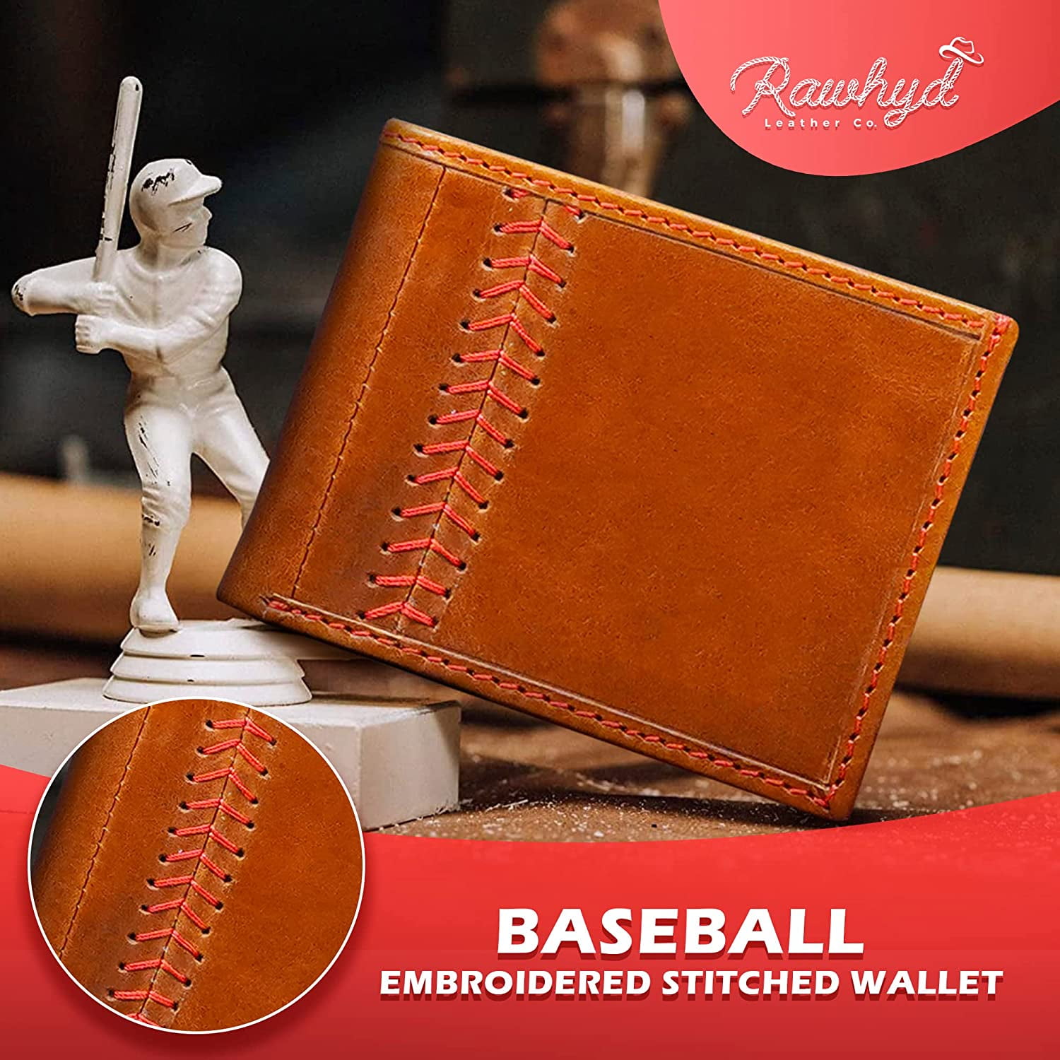 Rawlings Baseball Stitch Bifold Leather Wallet - Tan