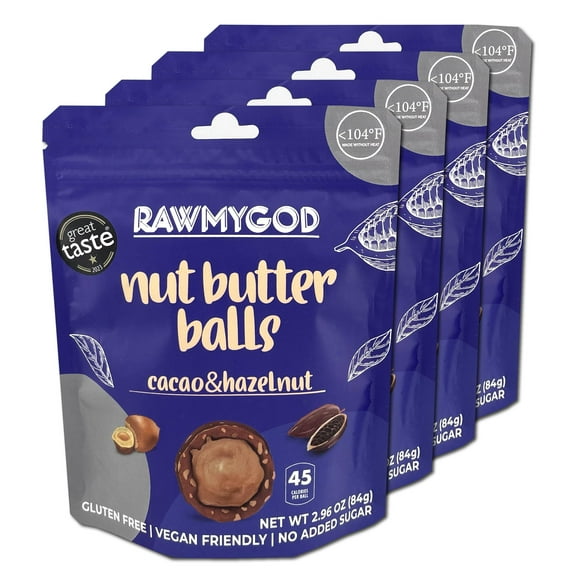 RAWMYGOD Cacao & Hazelnut AKF18 Nut Butter Balls, Gluten Free, Vegan, No Added Sugar, (Pack of 4 pouches), 7 balls per resealable pouch