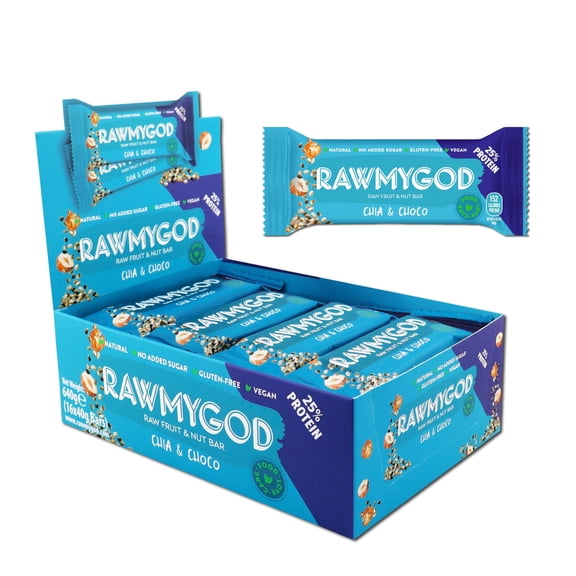 RAWMYGOD Raw Fruit and Nut Bar Chia & Choco, Gluten Free, Vegan, No Added Sugar, 16 Pack, 152 Calories per Bar