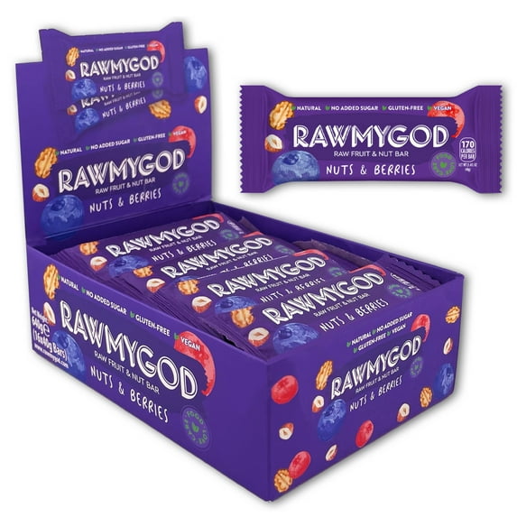 RAWMYGOD Raw Fruit and Nut Bar Nuts & Berries, Gluten Free, Vegan, No Added Sugar, 16 pack, 170 Calories per Bar