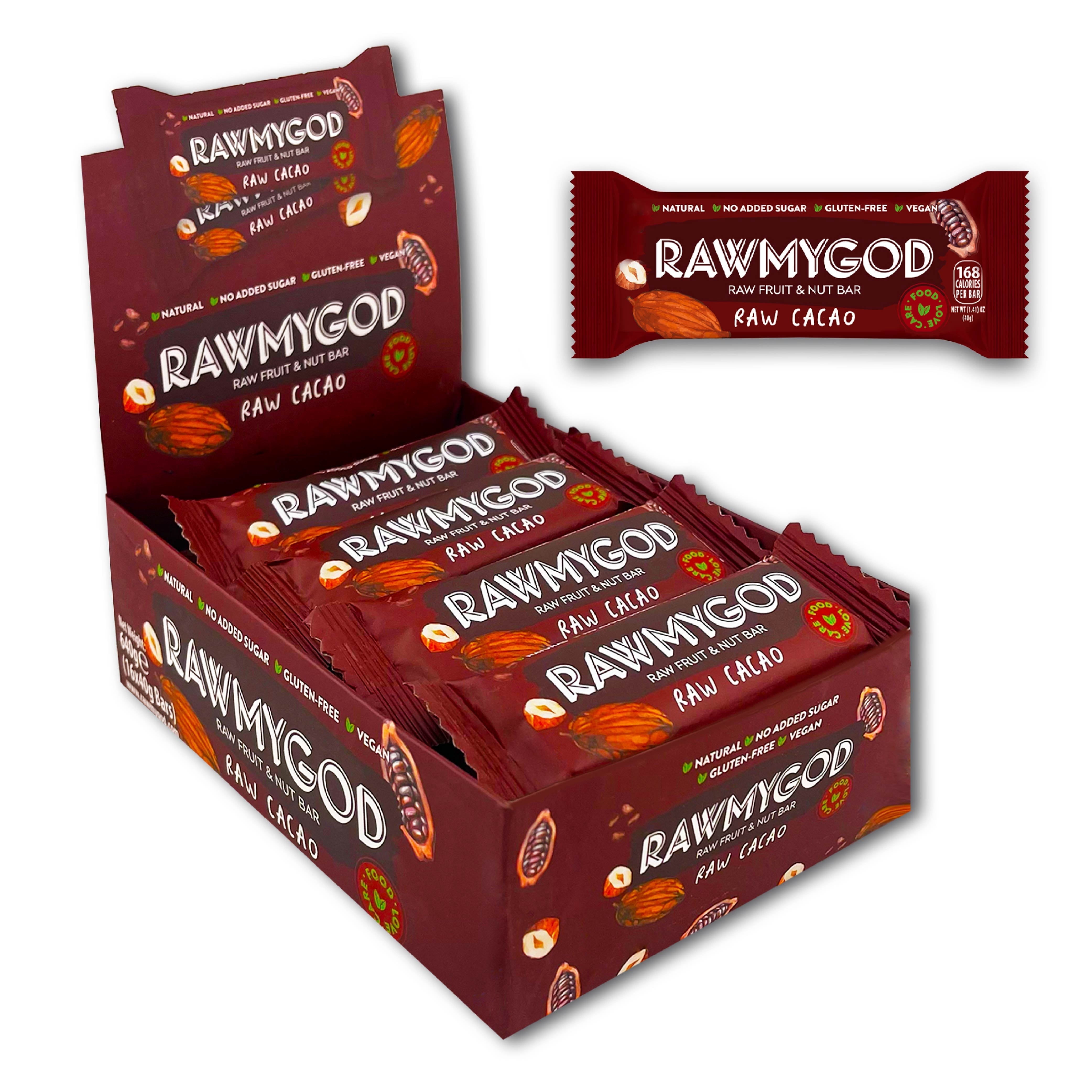 RAWMYGOD Raw Fruit and Nut Bar Raw Cacao, Gluten Free, Vegan, No Added Sugar, 16 Pack, 168 Calories per Bar