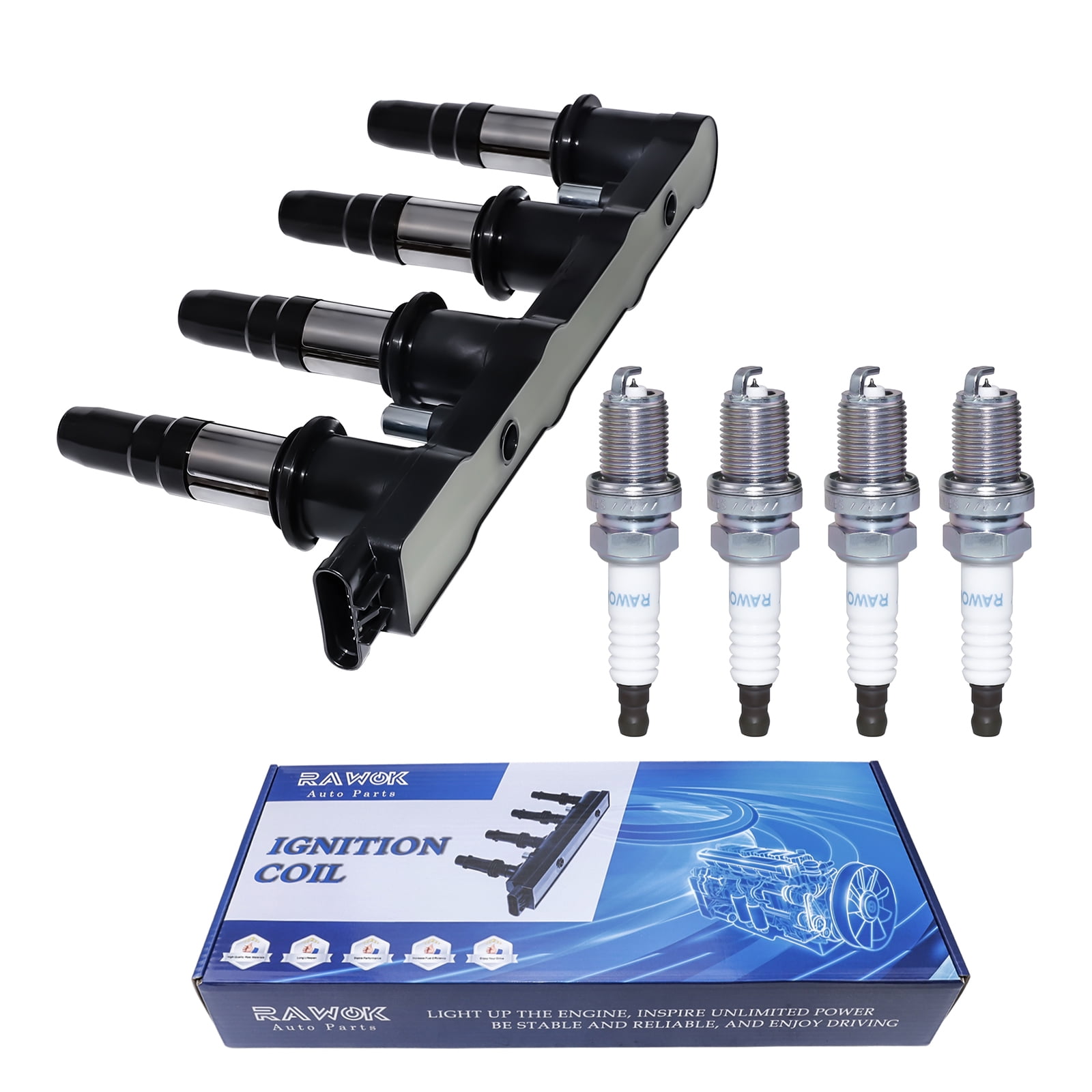 RAWOK Ignition Coil Pack and 4 Iridium Spark Plugs Compatible with 2011-2015 Chevy Cruze 1.8L, 2016 Chevrolet Cruze Limited 1.8L, 2012-2017 Chevy Sonic 1.8L, Replace UF620 9091902247 C1646 4504 7092