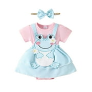RAWUATEY 2Pcs Baby Girl Summer Outfits Short Sleeve Frog Embroidery Suspender Romper with Headband Set Infant Clothes