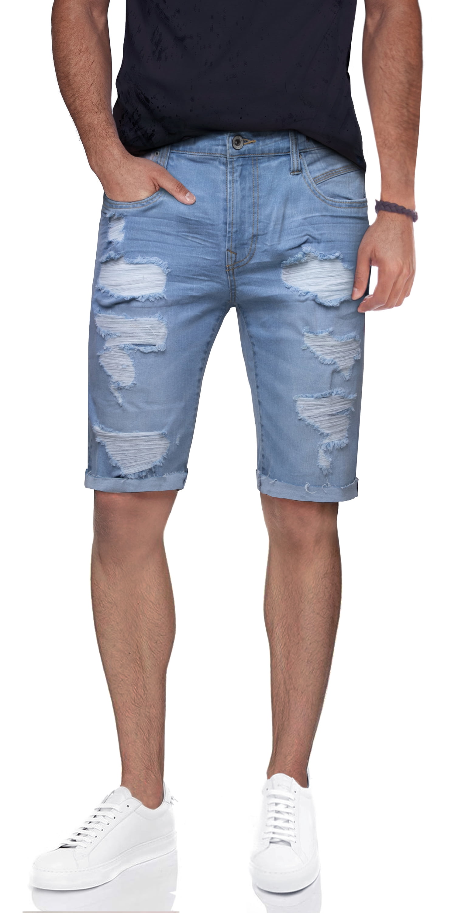 RAWX Men s Denim Shorts Washed Ripped Distressed Destroyed Cut Off Slim Fit Jeans Short for Men Cut Off Rips Light Blue Size 38