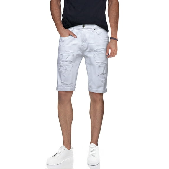 RAWX Men's Denim Shorts, Washed Ripped Distressed Destroyed Cut Off Slim Fit Jeans Short for Men (Cut Off Heavy Rips - White Size 38)