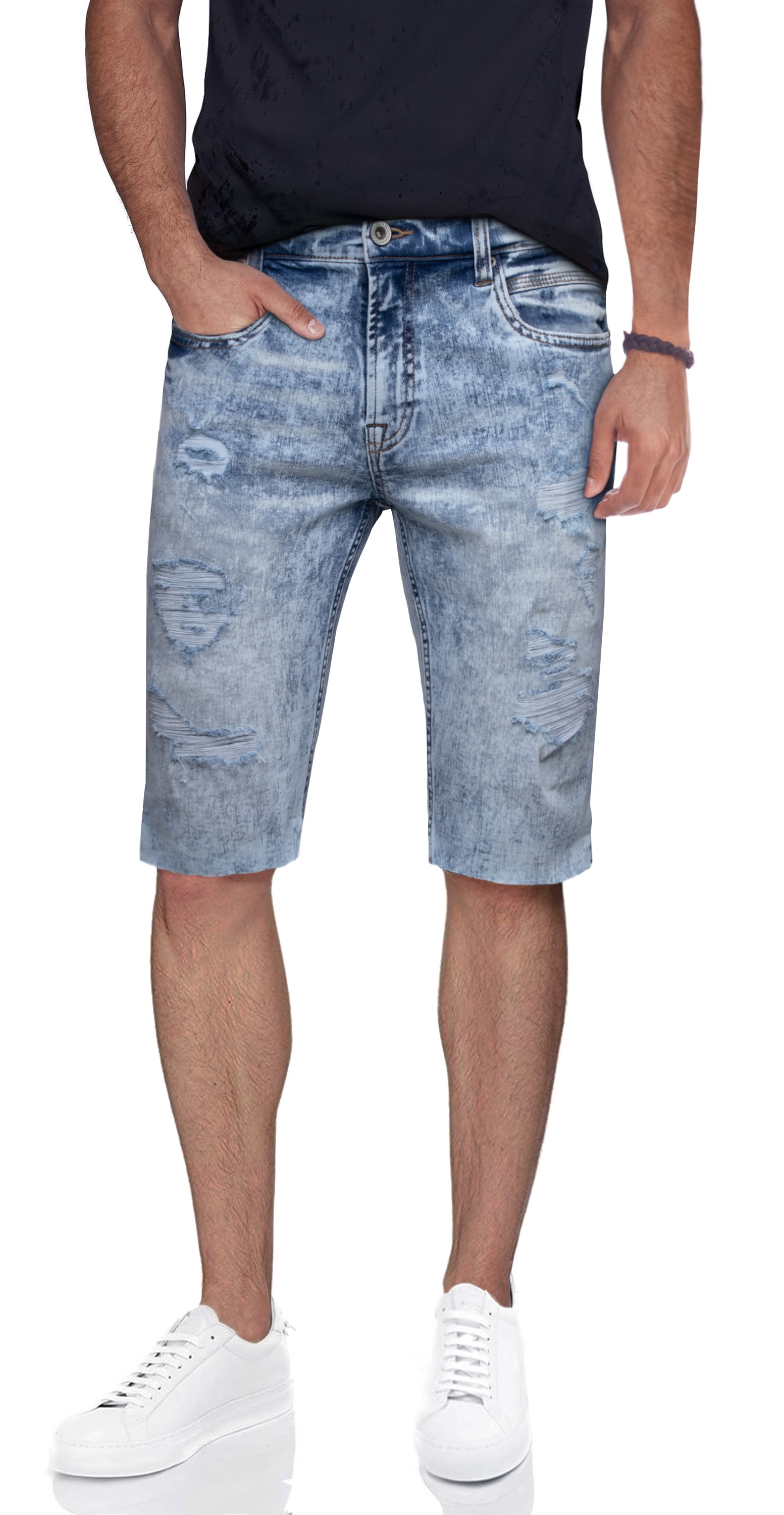 RAWX Men's Denim Shorts, Washed Ripped Distressed Destroyed