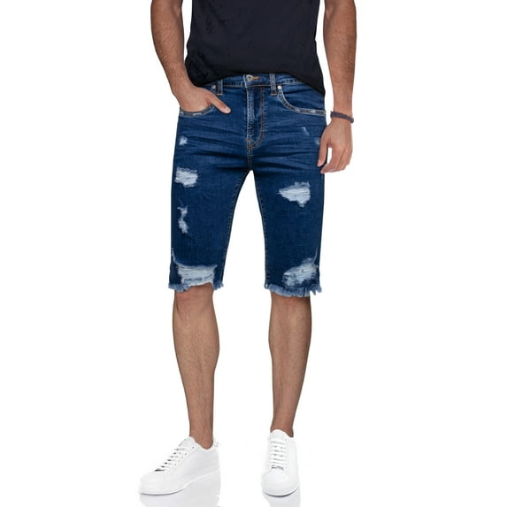 RAWX Men's Denim Shorts, Washed Ripped Distressed Destroyed Cut Off Slim Fit Jeans Short for Men (Frayed Hem Rips - Medium Blue Size 34)