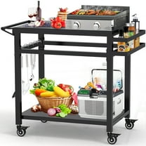 RAXSINYER Movable Grill Table, Double-Shelf Outdoor BBQ Grill Cart, Rolling Kitchen Dining Cart, Black