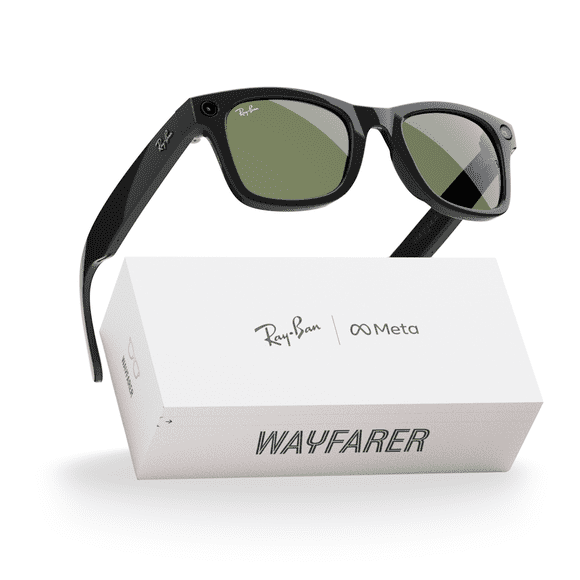 Ray-Ban Meta, Wayfarer Glasses with Meta AI, Audio, Photo, Video Compatibility, Shiny Black, Green Lenses, Regular Fit