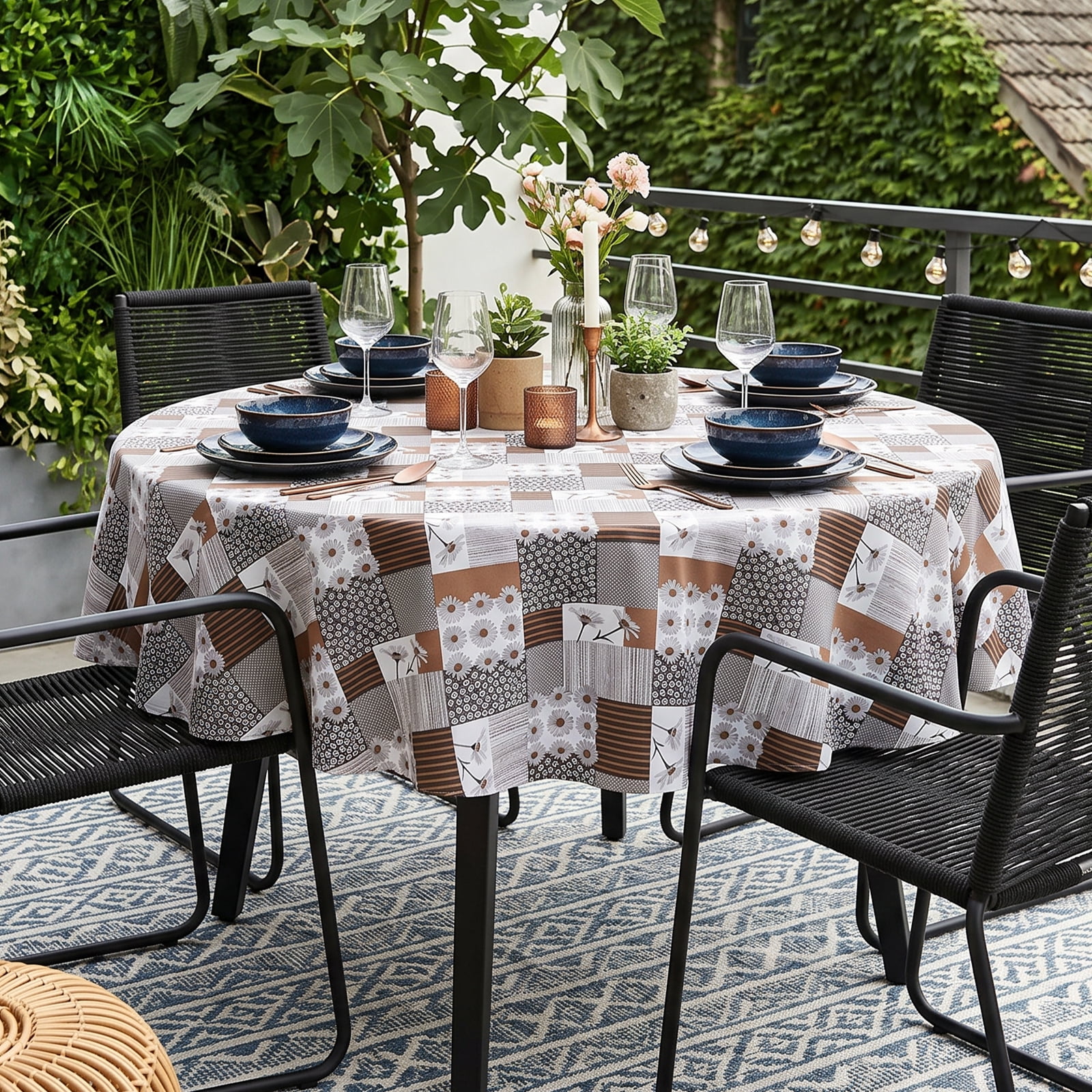 RAY STAR 60Inch Round Vinyl Tablecloth with Flannel Backing Waterproof Oil-Proof Plastic Table Cloth Wipeable PVC Table Cover for Indoor and Outdoor