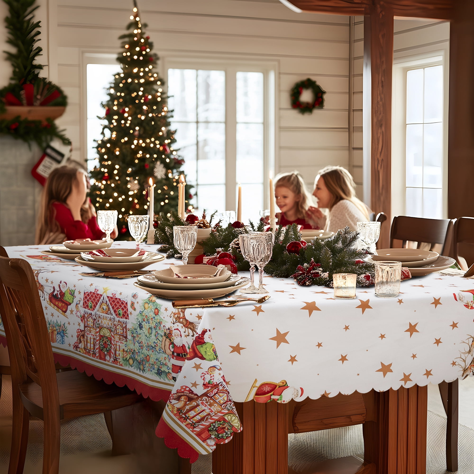 RAY STAR Christmas Table Cloth for Rectangle Table 60x84 Polyester Machine Washable Table Cloths, Thick Can not See Through Heavy Duty Tablecloth
