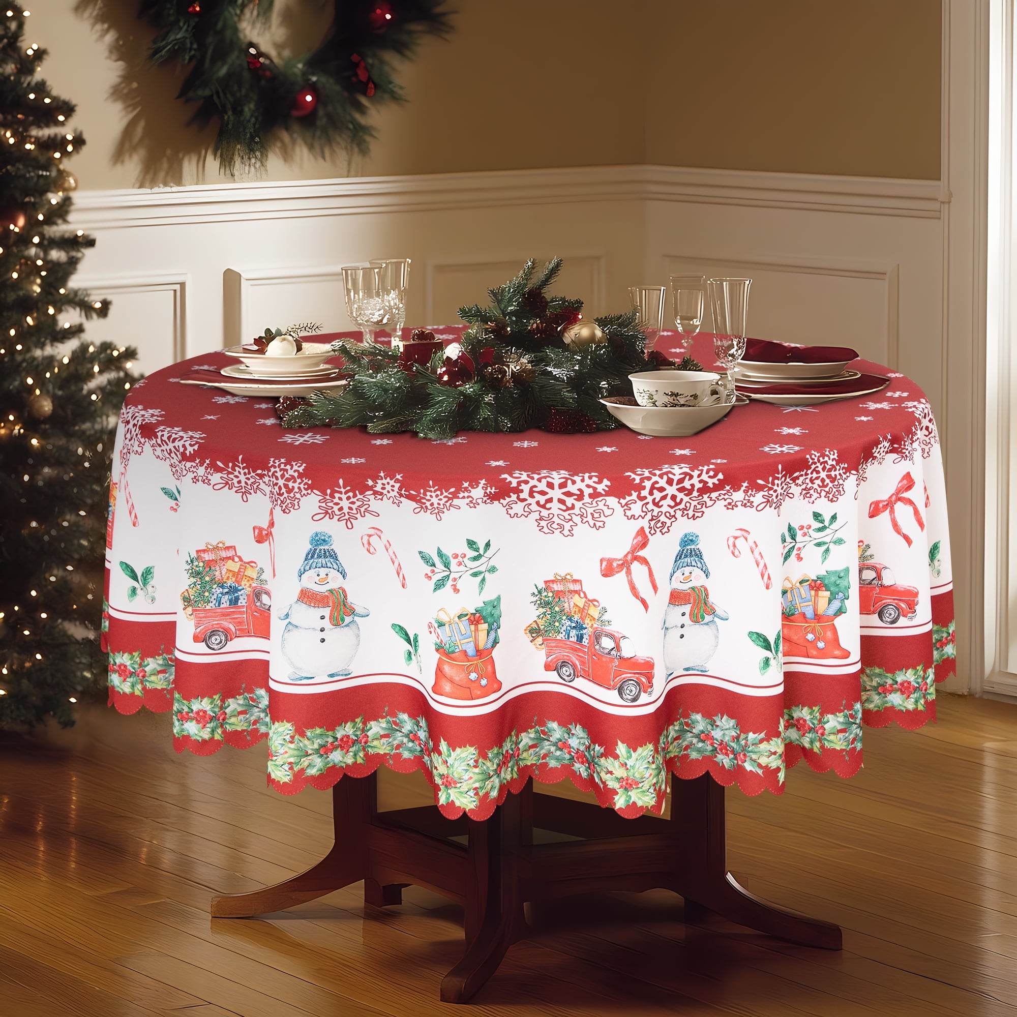 RAY STAR Polyester Christmas Tablecloth 60 inch Round Machine Washable Table Cloths, Thick Can not See Through Heavy Duty Tablecloth