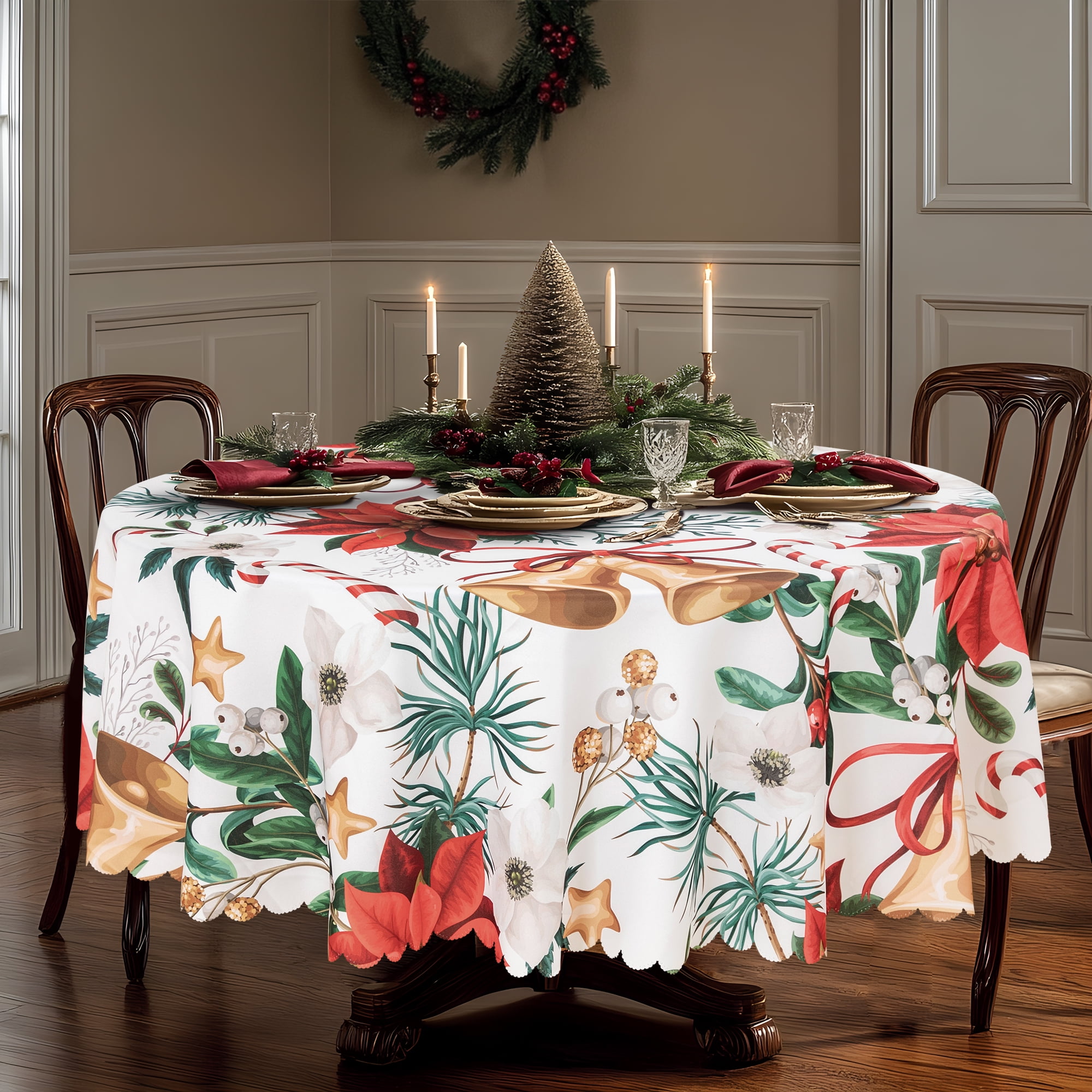 RAY STAR Polyester Christmas Tablecloth 60 inch Round Machine Washable Table Cloths, Thick Can not See Through Heavy Duty Tablecloth