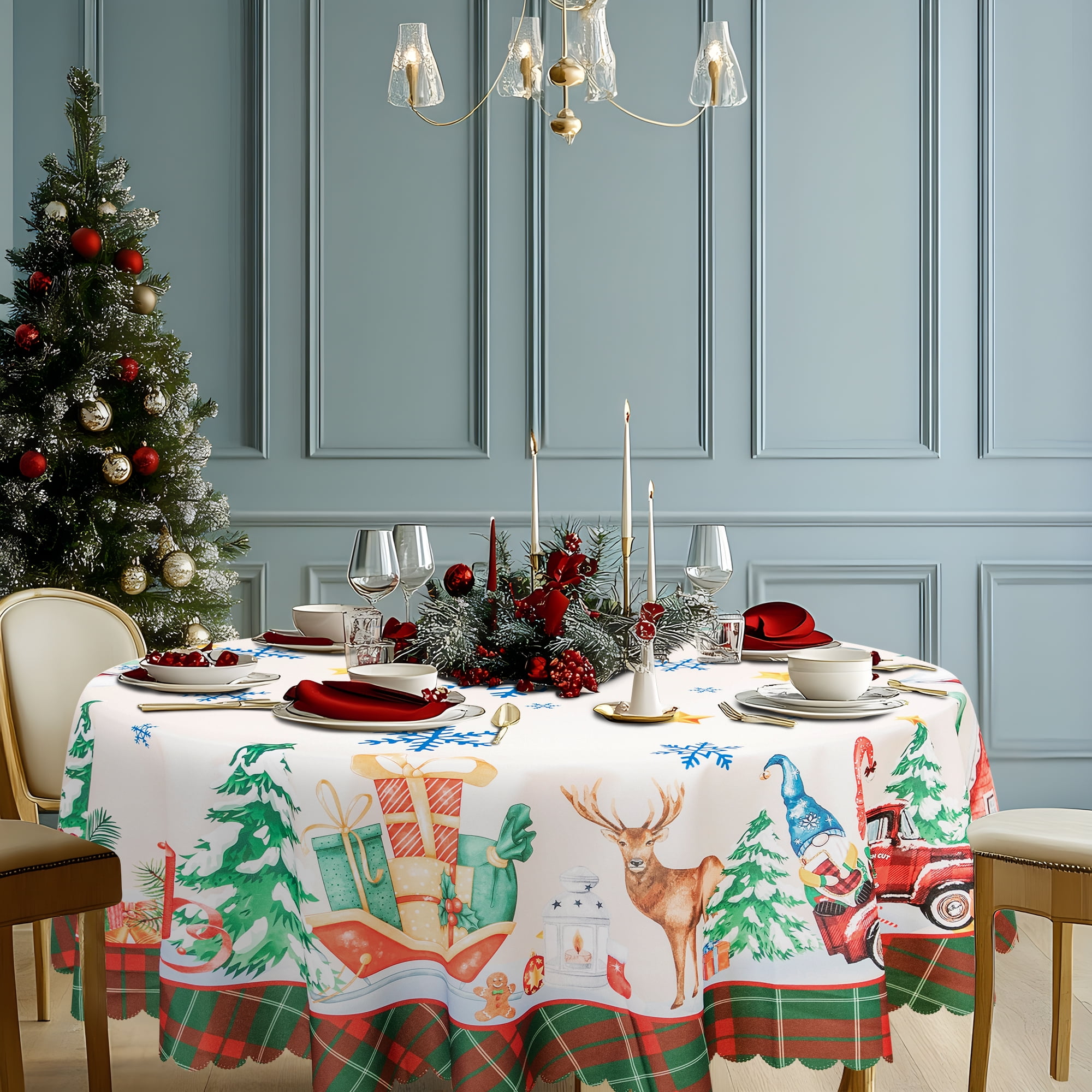 RAY STAR Polyester Christmas Tablecloth 60 inch Round Machine Washable Table Cloths, Thick Can not See Through Heavy Duty Tablecloth