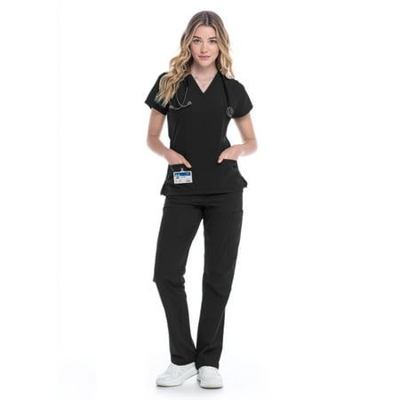 RAYGARD Women’s Medical Scrub Set – Stretch V-Neck Top & Cargo Pant Nurse Uniform with 8 Pockets