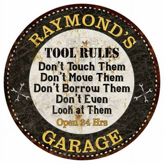RAYMOND'S Garage Rules 14" Round Metal Sign Garage Bar Wall Decor 100140013429