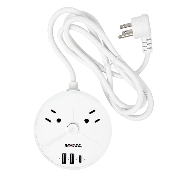 RAYOVAC Charge Disk 2-AC Outlet 540-Joules Surge Protector with 2 USB-A and 1 USB-C Ports, 5-Ft. Cord