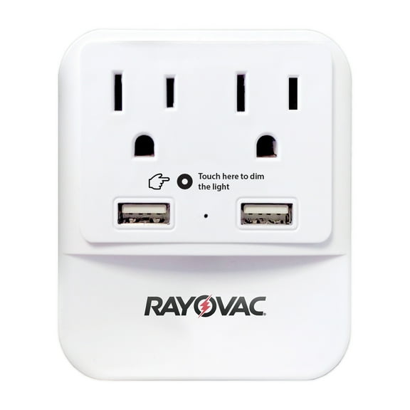 RAYOVAC Portable Surge Protector and Splitter Wall Tap with Phone Holder, 2 AC Outlets, 2 USB Ports, and Night-Light, SS-Q202