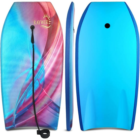 RAYWER Body Board Lightweight with EPS Core, HDPE Slick Bottom, Leash & Adjustable Wrist Rope, Great Surfing for Kids and Adults
