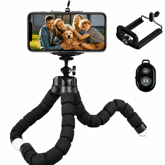 RAYWOWO Flexible Phone Tripod with Wireless Remote & U-Shaped Clip for iPhone 17-12, Android, Compact Camera Tripod with 1/4" Mount, Webcams, Vlogging & Travel, Black