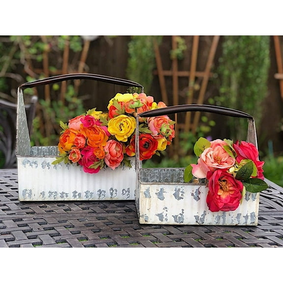 RAZ Decorative Metal Planter Tool Bucket Distressed Organizer Garden Kitchen Garage Tools Pantry Indoor or Outdoor Rustic White Set of 2
