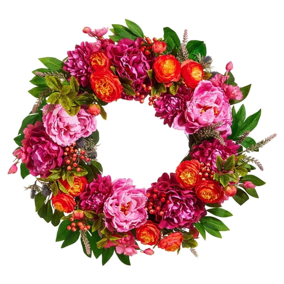 RAZ Imports 24" Pink Peony and Orange Ranunculus Spring Wreath