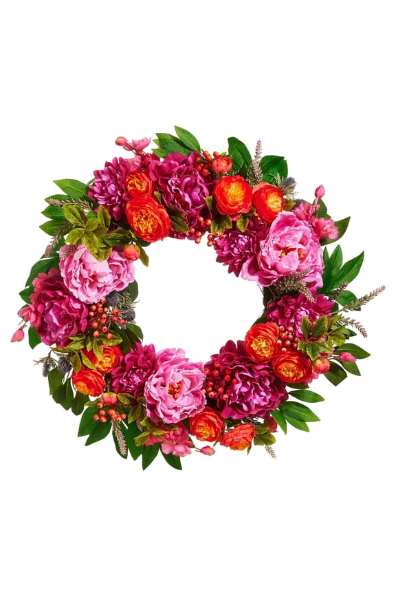 24" Pink Peony and Orange Ranunculus Spring Wreath