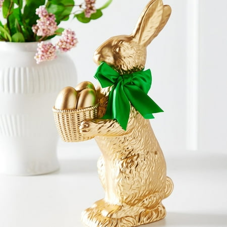 RAZ Imports 14" Gold Resin Easter Bunny Rabbit with Egg Basket