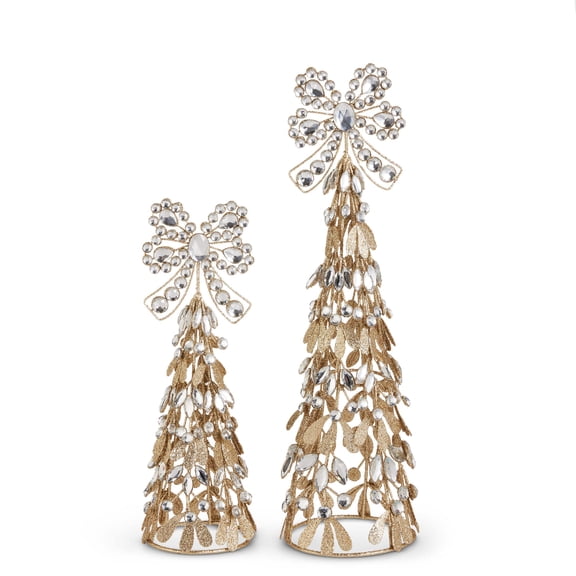 RAZ Imports 17" and 12" Glittered Gold Jewel Bow Christmas Trees Christmas Decoration - Set of 2
