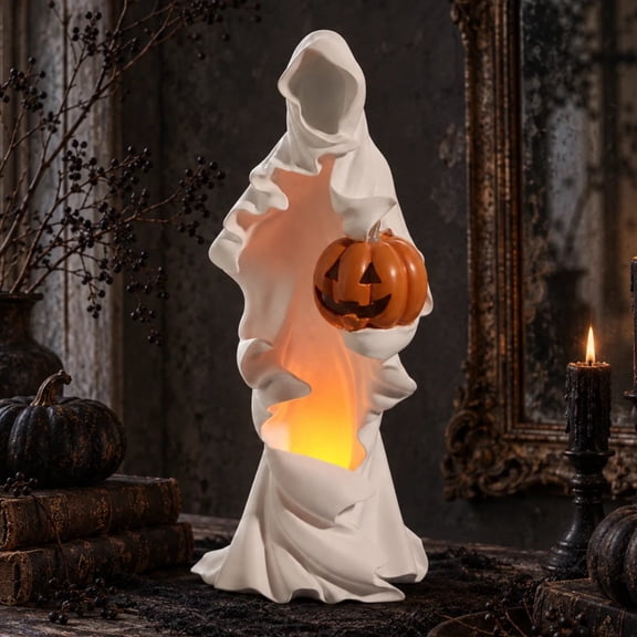 RAZ Imports 20" Ghost Phantom with Pumpkin Light-Up LED Halloween Decoration Statue, Battery-Operated