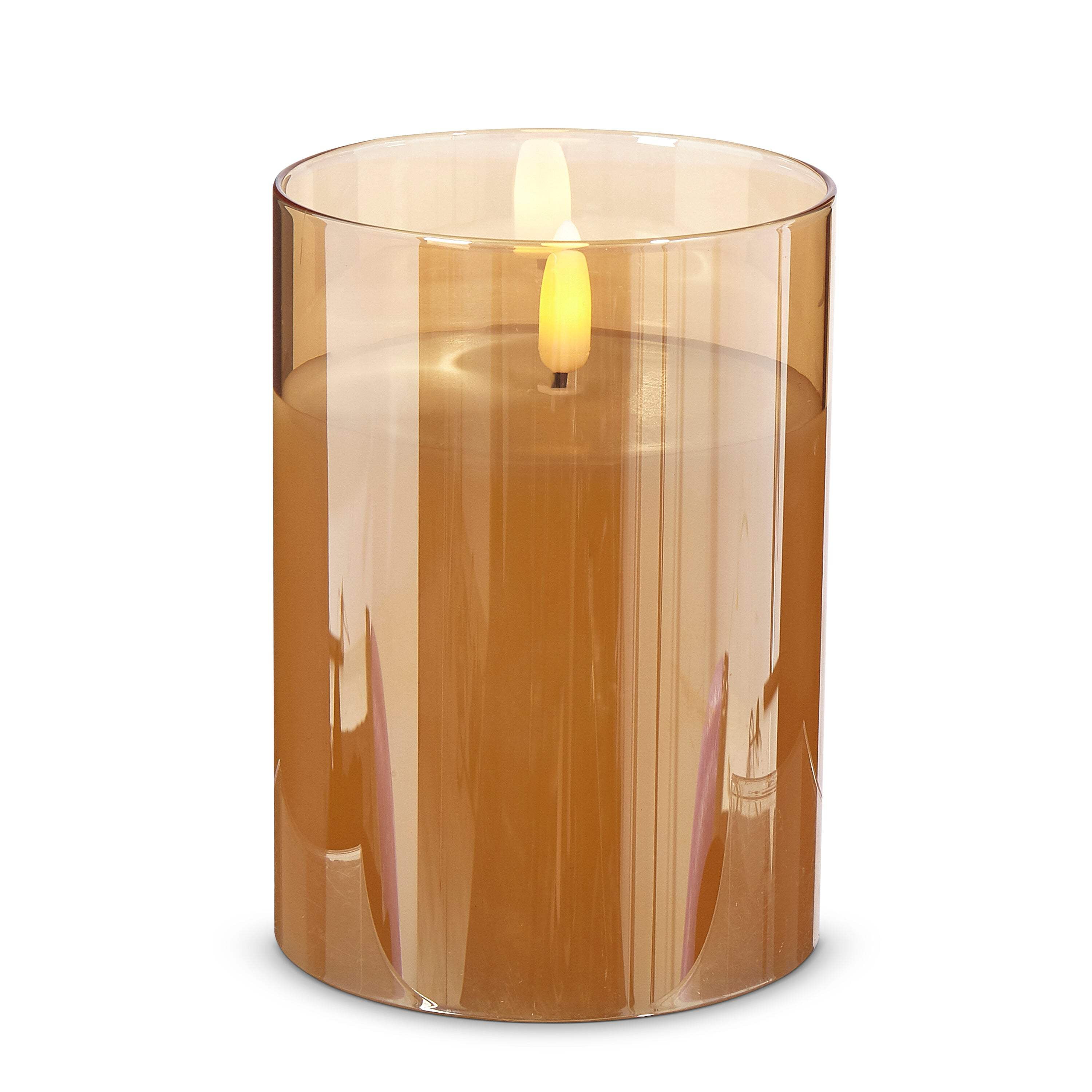 RAZ Imports Gold Ivory Glass LED Pillar Flameless Candle, 6 Hour Timer, Battery Operated - 3.5"W X 5"H
