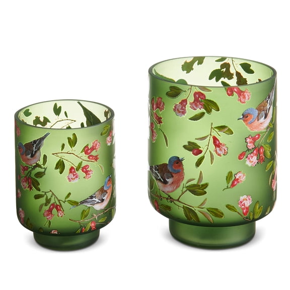 RAZ Imports 6" and 4.5" Green Bird Floral Pattern Glass Containers - Set of 2