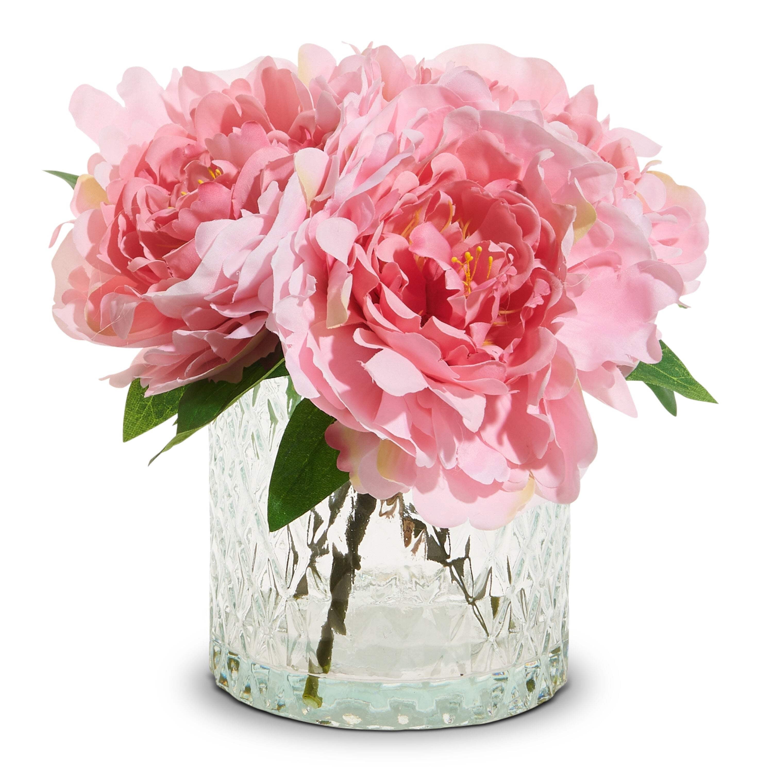 RAZ Imports 8.5" Pink Peony Flower Arrangement Bouquet in Glass Vase ...