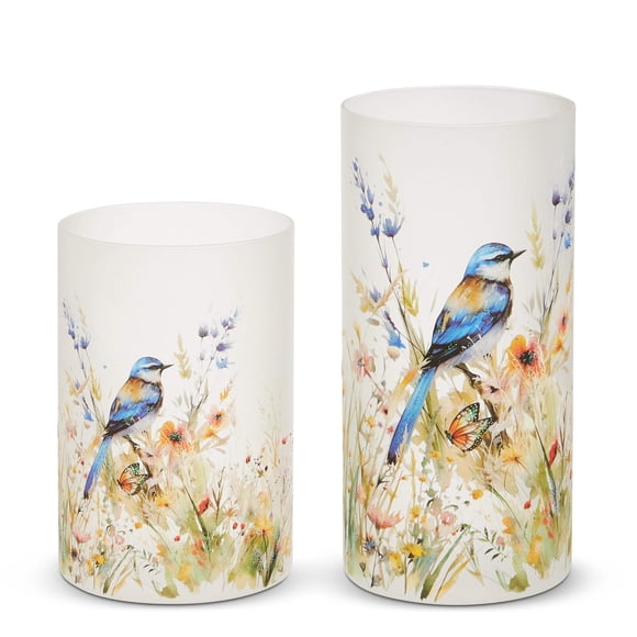 RAZ Imports 8" and 6" Blue Bird and Wild Flowers Glass Containers - Set of 2