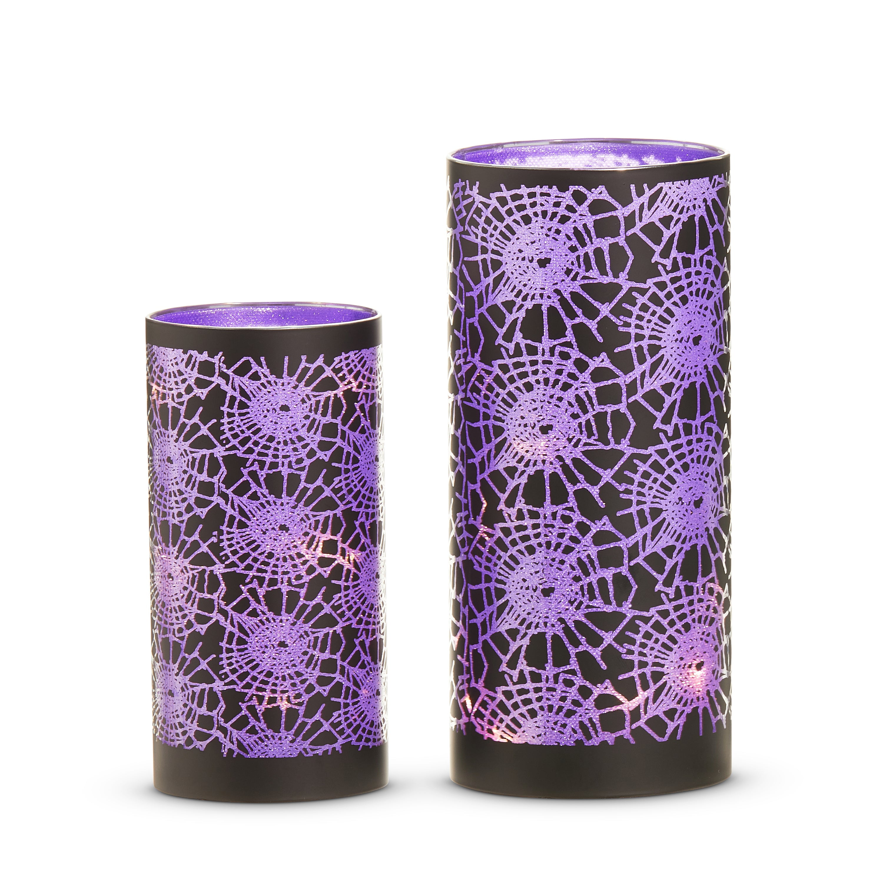 RAZ Imports 8" and 6" Halloween Spider Hurricanes, Purple Glass LED Lighted Lanterns for Halloween - Set of 2