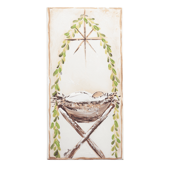 RAZ Imports Jesus in the Manger Wall Art Christian Nativity Canvas Farmhouse Hanging Decor with Hardware 15.5" x 8"