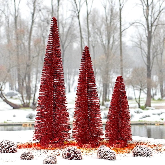 RAZ Imports Set of 3 Bottle Brush Trees Modern Christmas Holiday Winter Dcor Red Glittered Tabletop Tree Set for Home Office Mantel Fireplace Desk Shelf Display (17, 14, 9)