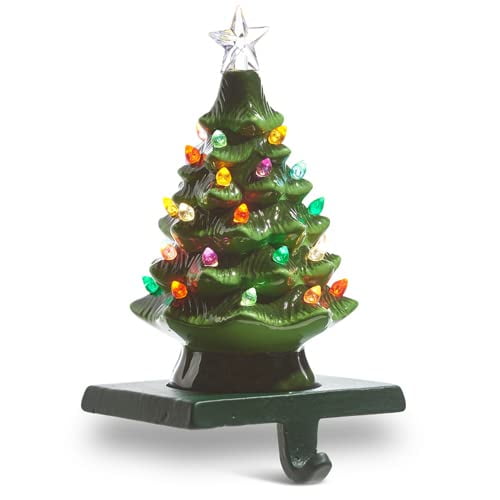 Vintage Green Ceramic Lighted Christmas Tree Stocking Holder