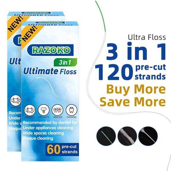 RAZOKO 3-in-1 Floss for Braces, 120 Count Pre-Cut Spongy and Regular Floss with Threaders for Bridges