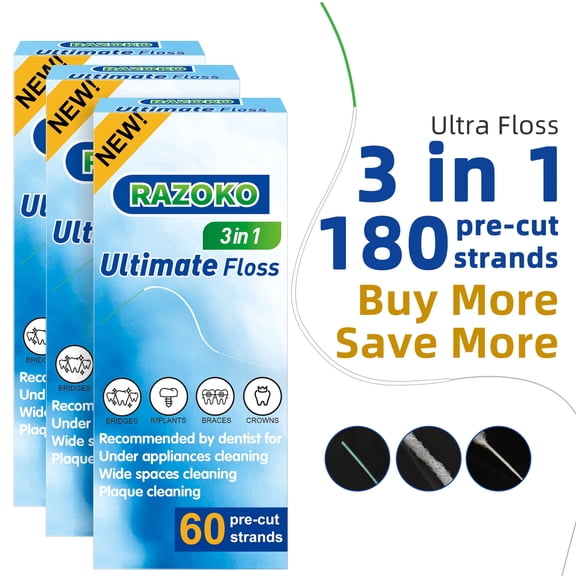 RAZOKO 3-in-1 Floss for Braces, 180 Count Pre-Cut Spongy and Regular Floss with Threaders for Bridges
