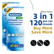 RAZOKO 3-in-1 Floss for Braces and Bridges, 120 Pre-Cut Strands, Built-in Threaders, Spongy Expanding ICY Mint, Pack of 2