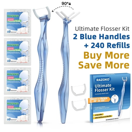 RAZOKO Flosser Kit with 135° Angled Long Handle, 240 Refill Heads and 2 Reusable Handles - Blue, 240 Count Value Pack