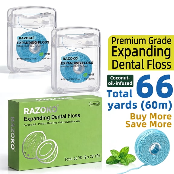 RAZOKO Expanding Dental Floss - Coconut Oil Infused, Shred-Resistant Soft Floss for Braces & Wide Gaps, Waxed, Coconut Scent, 2-Pack (66 Yds Total)
